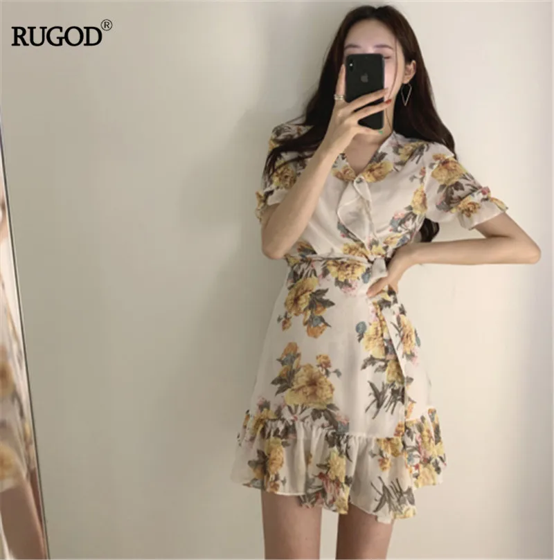 RUGOD, корейский стиль, летнее платье,, женское, бохо, с оборками, Цветочный, бодикон, Русалка, платья, шифон, Vestidos, повседневные платья