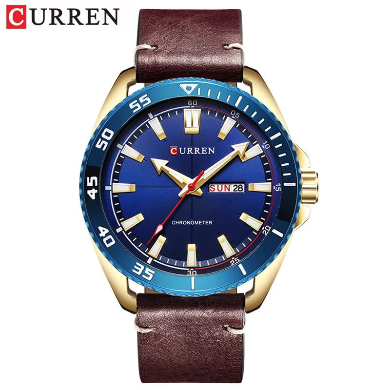 gold blue CURREN, новая мода, кожаный ремешок, мужские часы, креативный циферблат, деловые наручные часы, неделя и дата, кварцевые мужские часы, Reloj Hombre - Цвет: gold blue