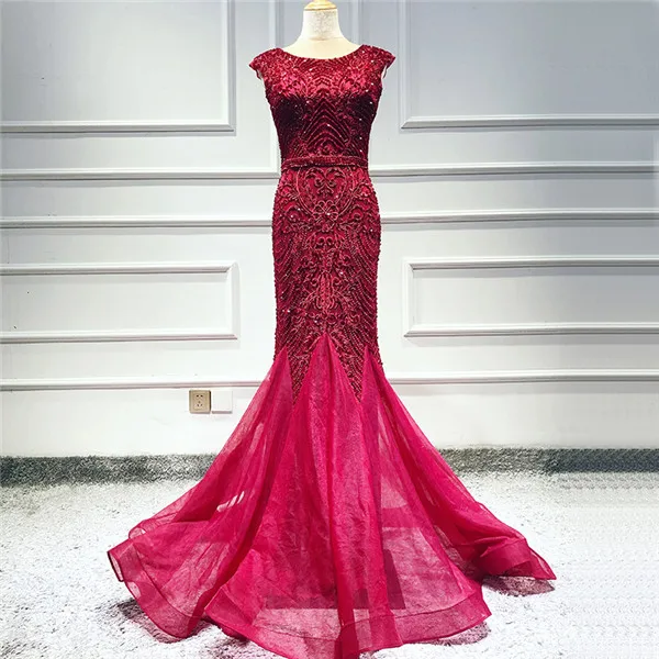 wine red Красное вечернее платье с круглым вырезом и кристаллами в Дубае, новейший дизайн, вечерние платья без рукавов в стиле русалки, настоящая фотография LA60980 - Цвет: wine red