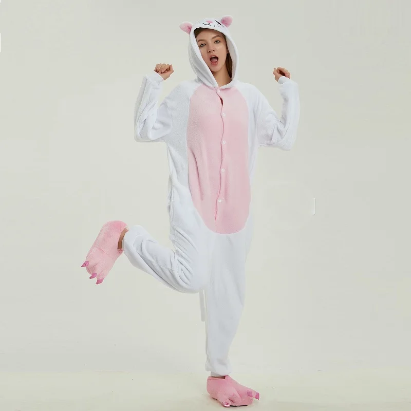 Новинка 2019 г. Милый Белый Кот Onesie Kigurumi для женщин с длинным рукавом животных