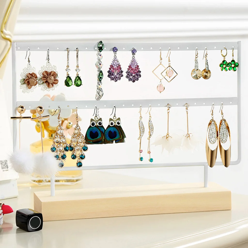 

2 Pieces Organize Rack 44 Holes Stud Dangle Earrings Display Wood Base Showcase 2 layers Jewelry Packaging
