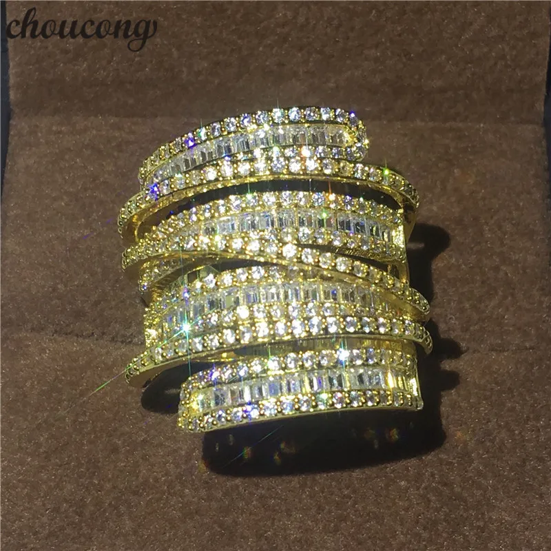 

choucong Luxury Big ring T shape 5A zircon Crystal Yellow gold filled Engagement Wedding Band Rings For Women men S925 Gift