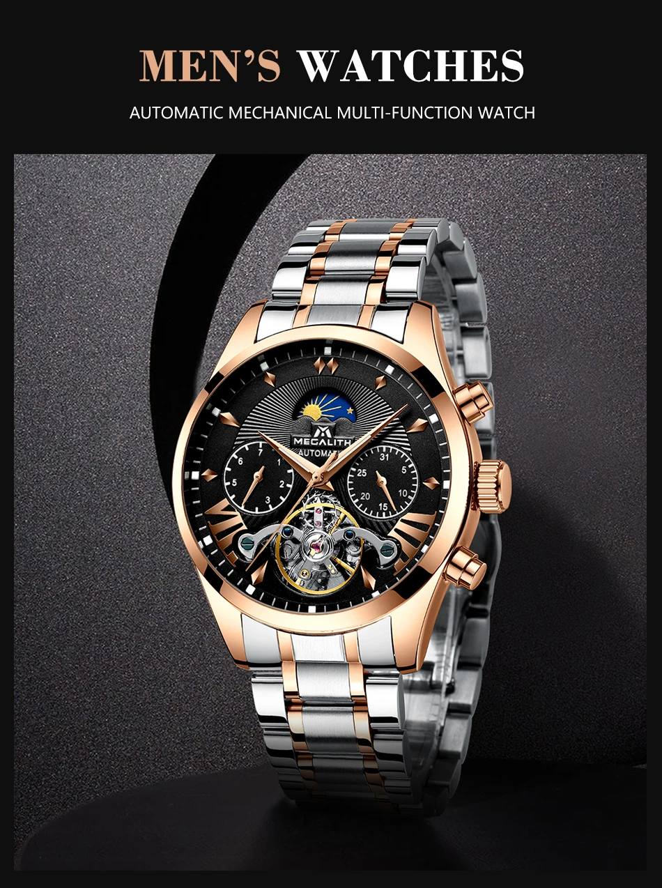 MEGALITH Мужские автоматические механические наручные часы tourbillon кожаные водонепроницаемые бизнес часы мужские спортивные наручные часы Relojes Hombre