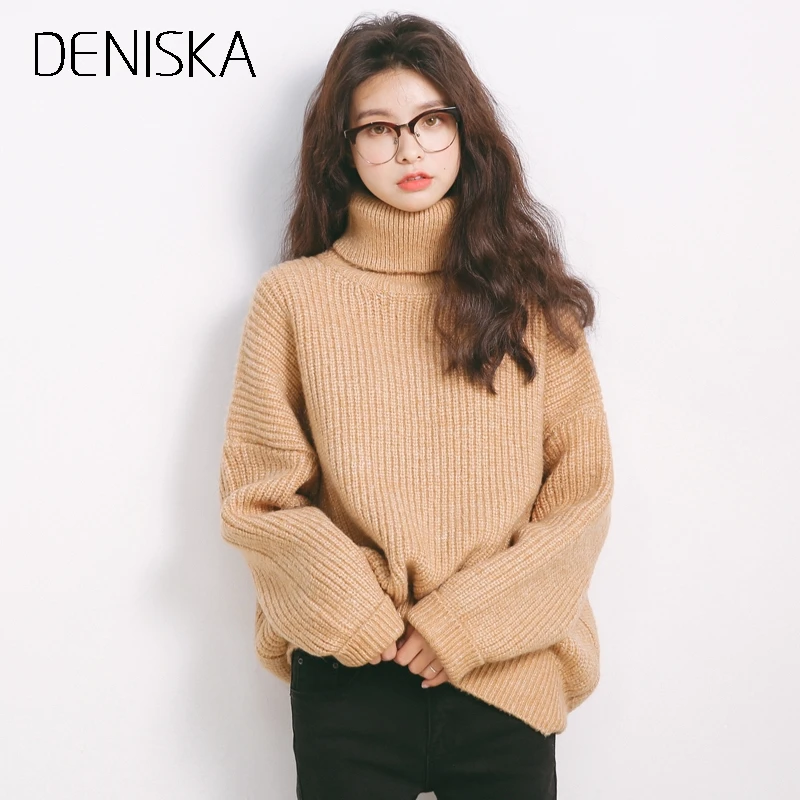DENISKA 2018 Pullover Winter Sweaters Women Loose Style Oversized Turtleneck Long Sleeve Soft Warm Thick Casual Jumper F | Женская