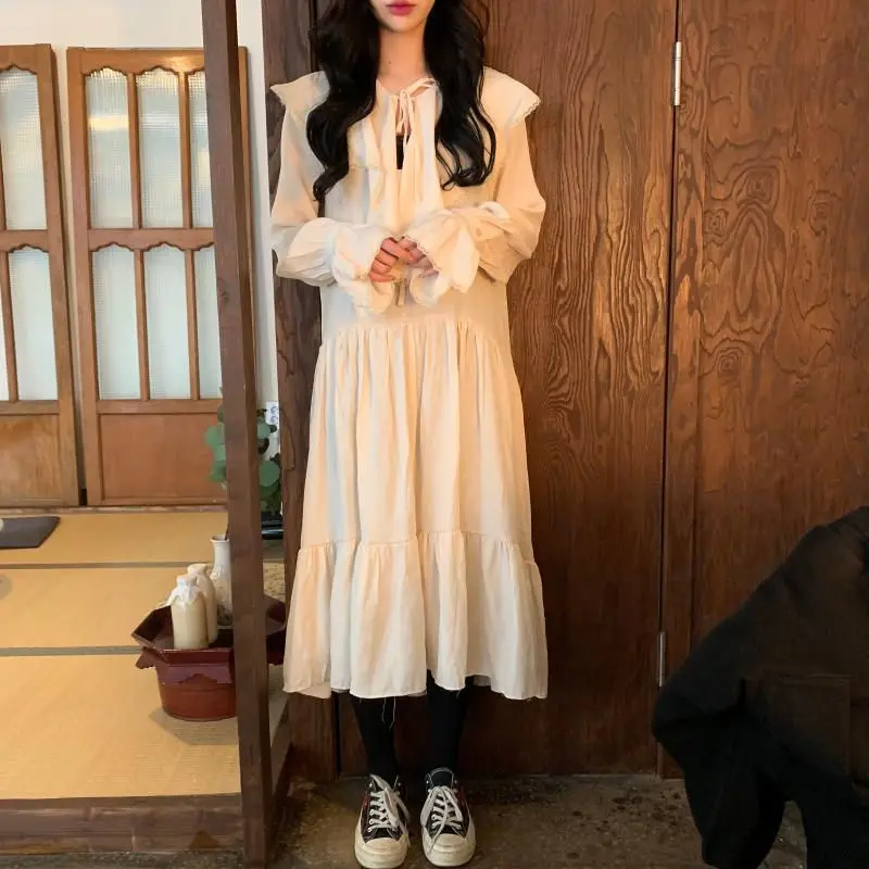 HziriP Women Sweet Dress 2019 New Spring Autumn Elegant Vintage Slim Ruffled Collar Long Sleeve Solid Color Preppy Style Dresses | Женская