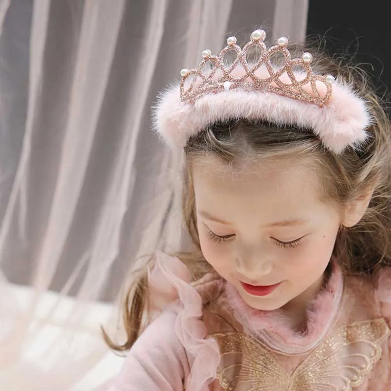 Модная плюшевая диадема с помпоном для девочек Тиары и короны принцессы головной