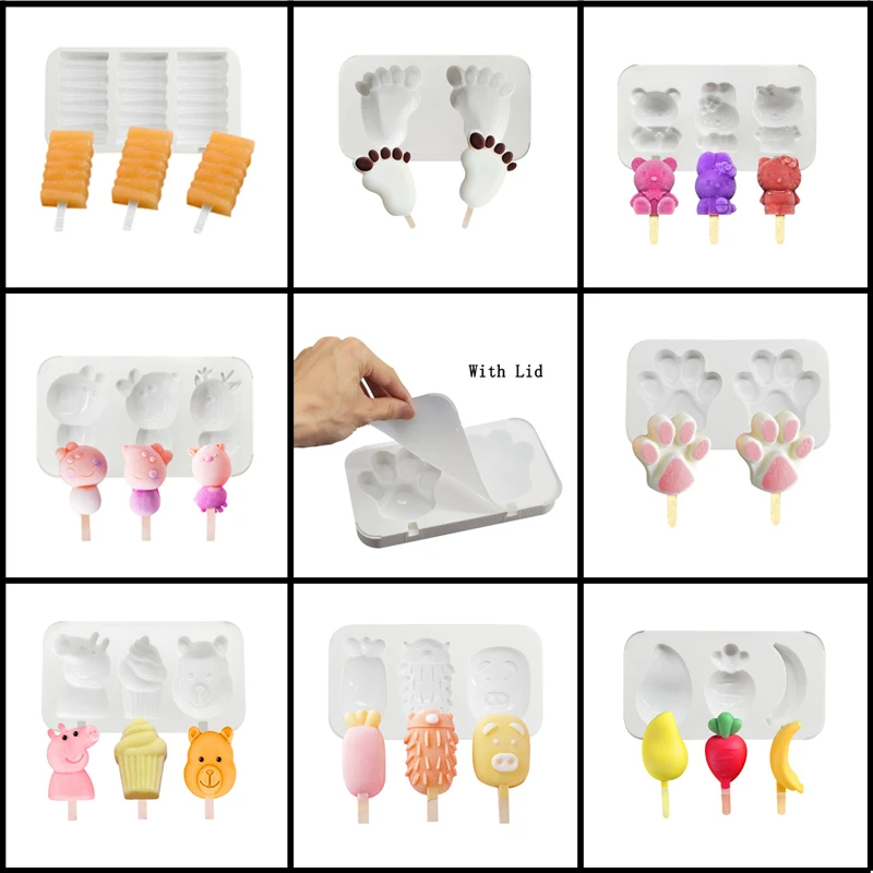 

Meibum Silicone Ice Cream Mold With Cover Variety Fruit Animal Shape Ice Lolly Juice Popsicle Mould Cube Frozen Sucker Tray