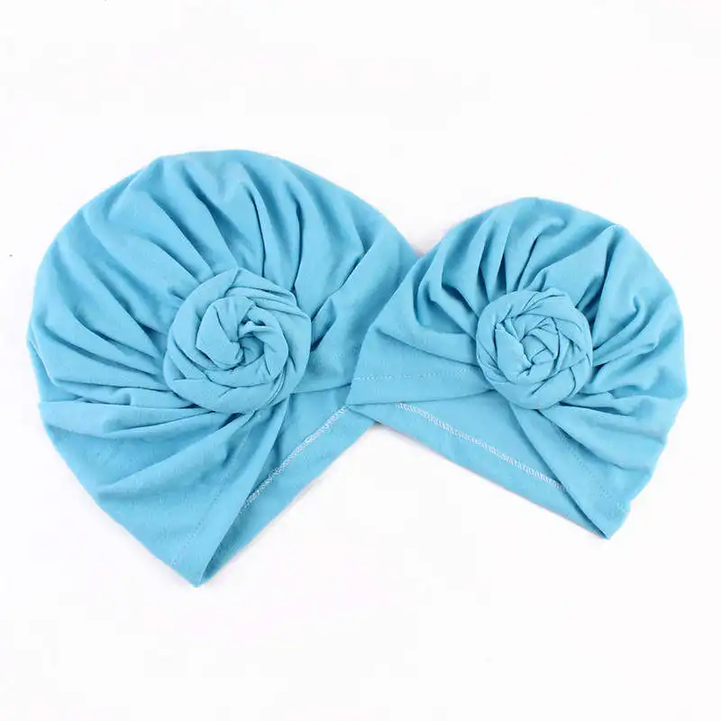 Adult-Child Blue Indian Headscarf Hat Cotton Crinkle Hijab Caps Mom and Baby Solid Donut Head Wrap Hats Inner Turban Bonnet Parent-Child - Цвет: Adult-Child Blue