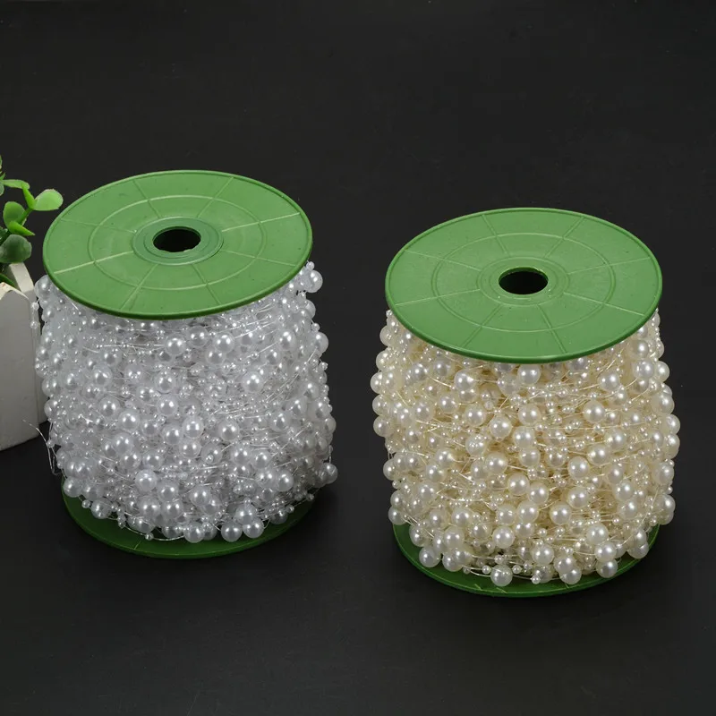 60 метров леска белая/бежевая искусственная цепочка с жемчужными бусинами