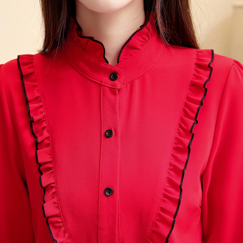 

women blouses womens tops and blouses blusas mujer de moda 2019 Office Lady Chiffon harajuku Button Stand Puff Sleeve 1686 50