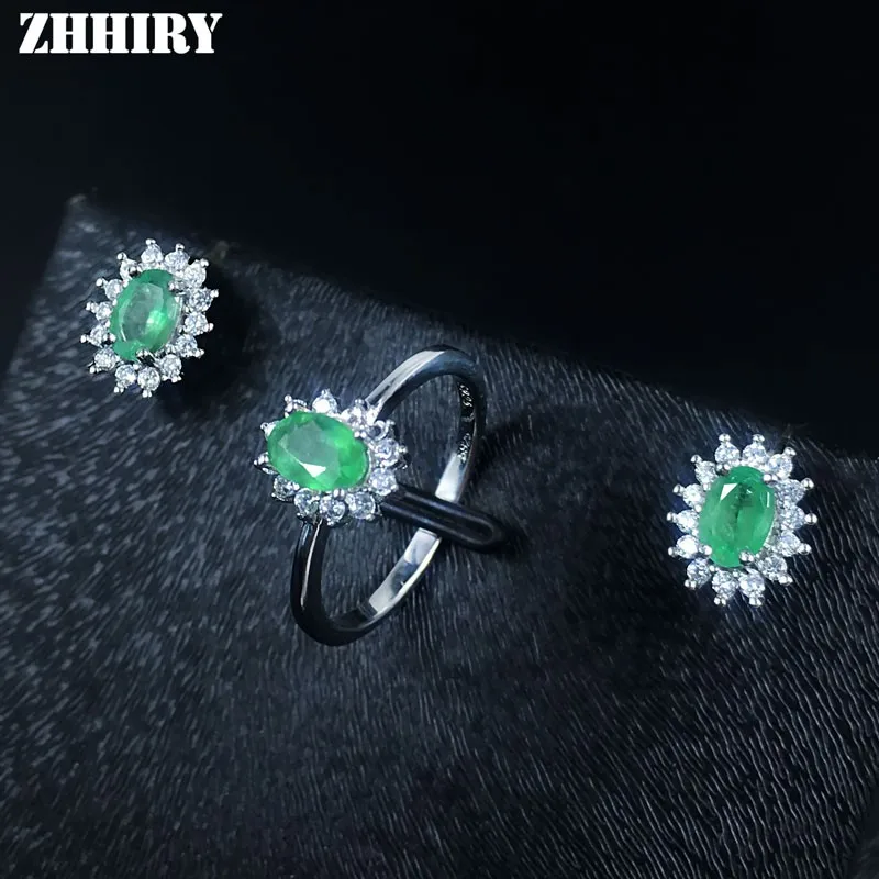 Ювелирный Комплект ZHHIRY из натурального изумруда Женское кольцо и серьги серебра