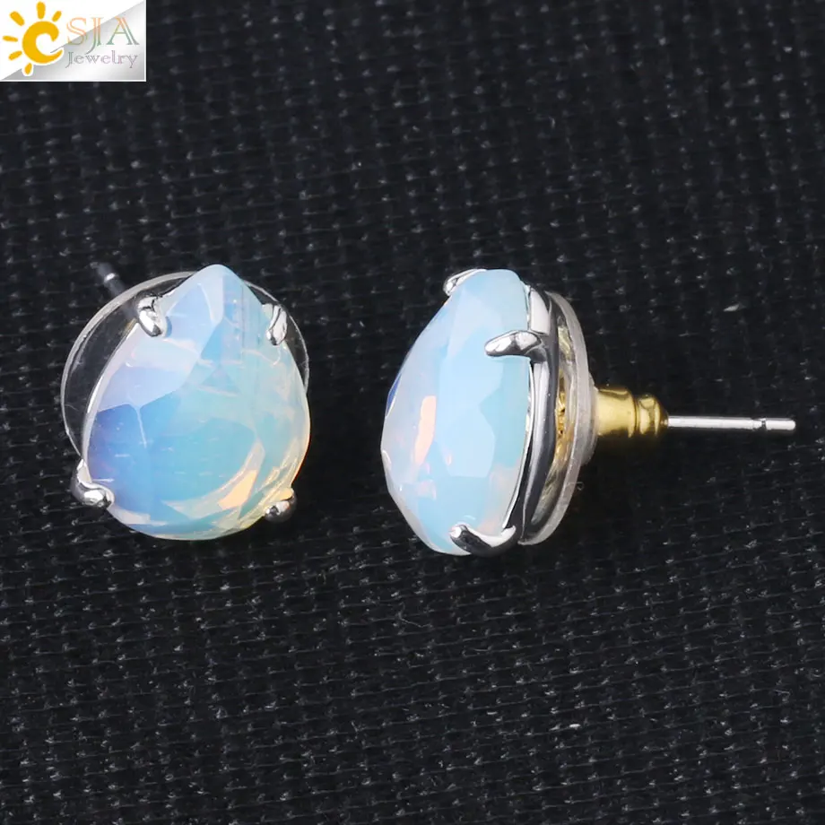 Opal CSJA капли воды форма серьги гвоздики натуральный серебристый цвет камень граненый розовый кристалл кварца тигровый глаз Исцеление ювелирные изделия Женский G035 - Окраска металла: Opal