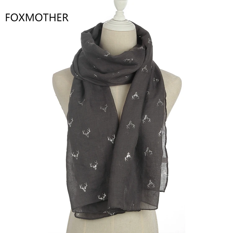 FOXMOTHER модный темно-серый бронзированный Серебряный Олень голова оленя длинный шарф шали для женщин Рождество - Цвет: Dark Grey
