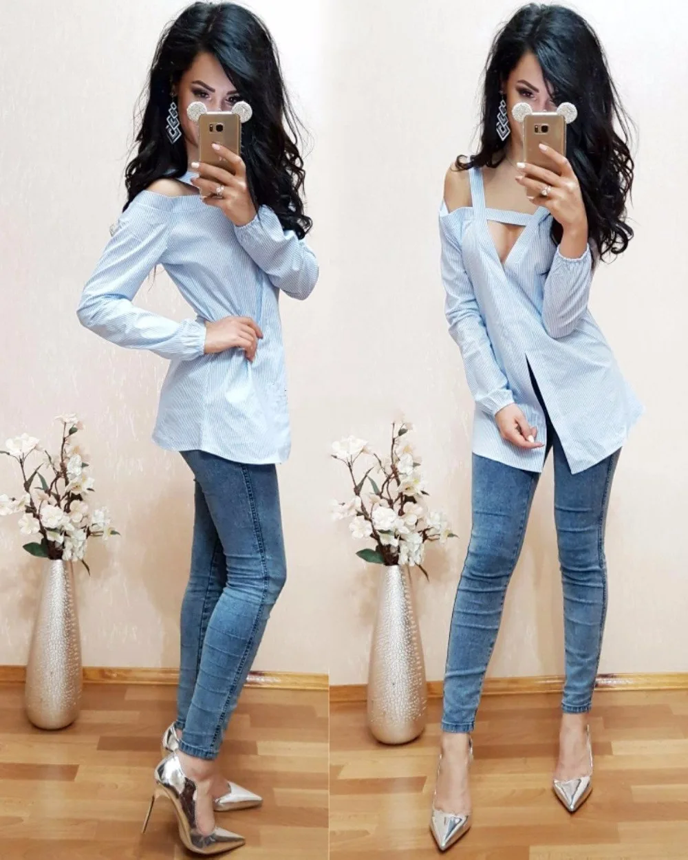 2017 spring autumn women sexy fashion deep V collar shirt blue stripes white long sleeves strapless casual comfortable blouse |