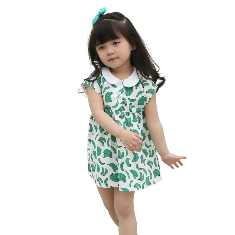 Summer Children Girl Peter Pan Collar Tutu Dress Green Banana Pattern Princess Short Sleeve Sundress | Детская одежда и обувь