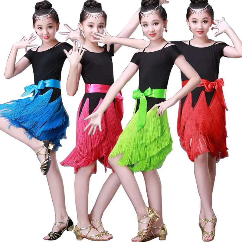 

Новое Детское сексуальное платье для танцев с блестками для девочек, черное, синее, красное, розовое детское платье с бахромой для соревнова...