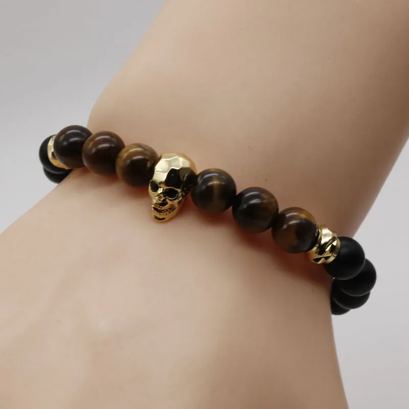 Fashion Jewelry Quality Silver Plated Men Bracelet Skull Natural Tiger Eye Stone Bracelets Pulseiras SK-1 | Украшения и