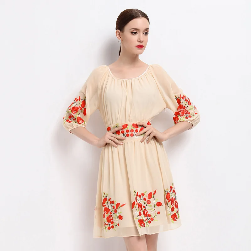 High quality dress s/s/женщины вышивка половина рукава элегантный личности женщин платья