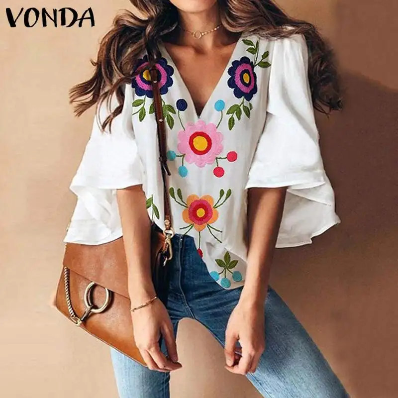VONDA Summer Fashion Blouses Women Vintage Floral Print Shirts Casual V Neck Flare Sleeve Blusas Plus Size Sexy Tops - Цвет: Белый
