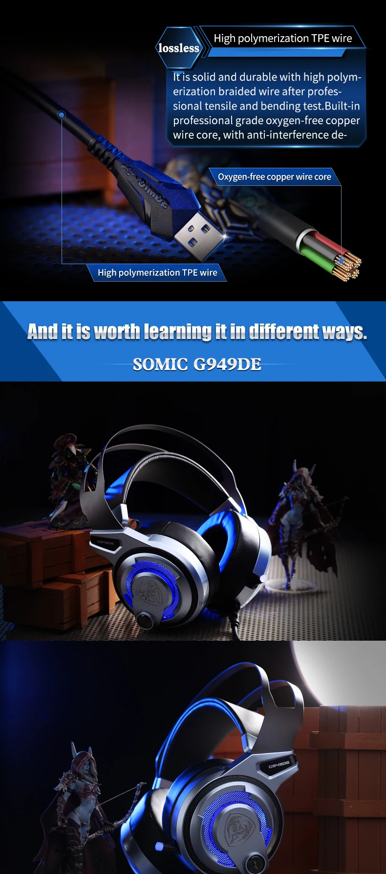 SOMIC G949DE 7,1, виртуальная звуковая игровая гарнитура, светодиодный шумоподавитель, наушники с двойным двигателем, 4 динамика, USB разъем для ПК, игр
