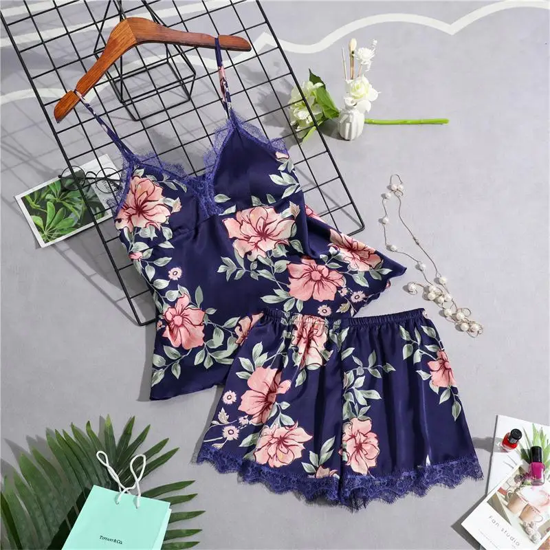 Style 17 Пижамы для женщин с принтом, 4 шт., пижамный комплект из вискозы, атласная пижама с шортами, Сексуальная кружевная Пижама, домашняя одежда - Цвет: Style 17
