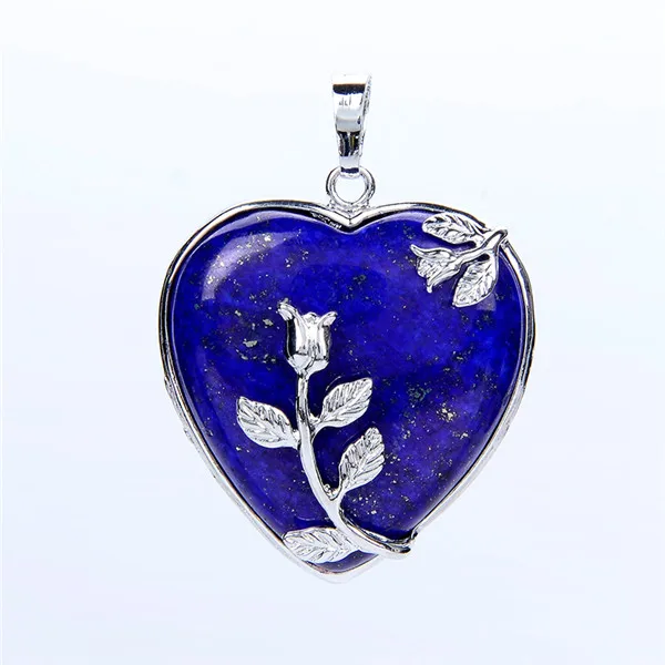 Lapis Lazuli Романтический покрытый серебром натуральный камень Lapis розовый кристалл кварца Любовь Сердце цветок кулон для женщин ожерелье ювелирные изделия - Окраска металла: Lapis Lazuli