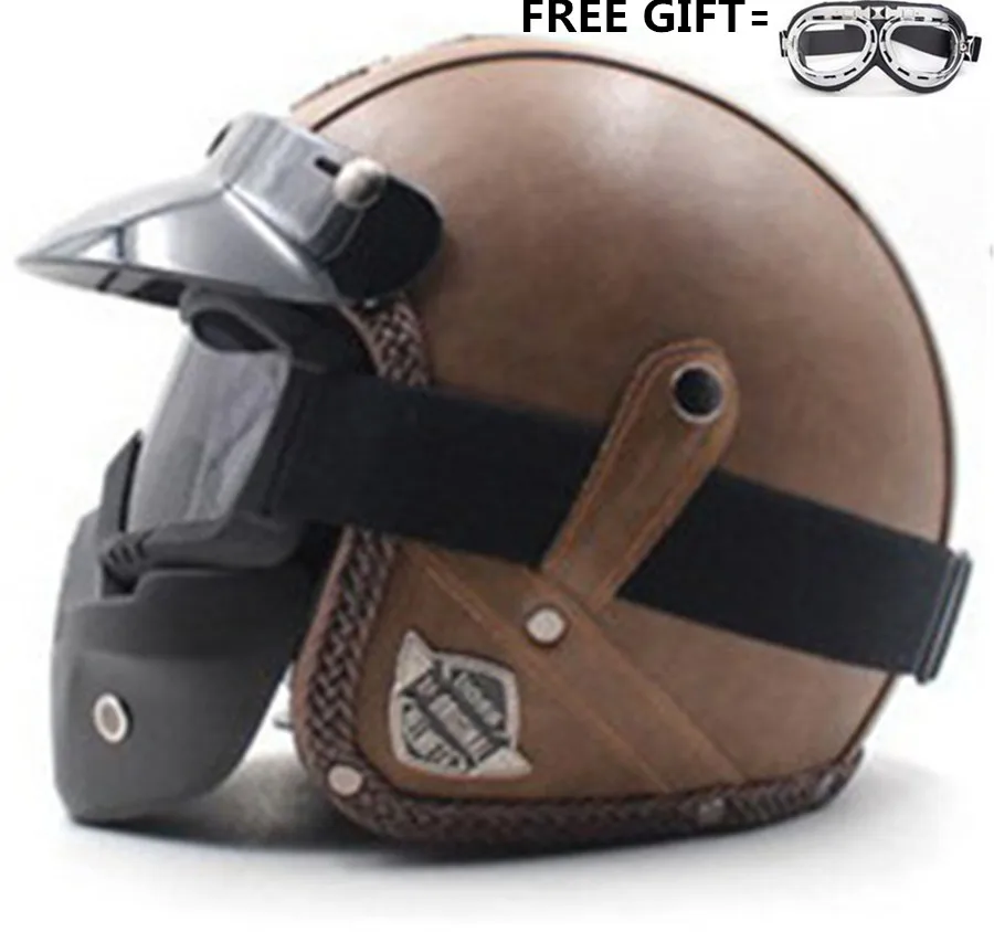 

Leather Motorcycle Goggles Vintage Half Helmets Motorcycle Biker Cruiser Scooter Touring Helmet (M, Brown) goggle for free gift