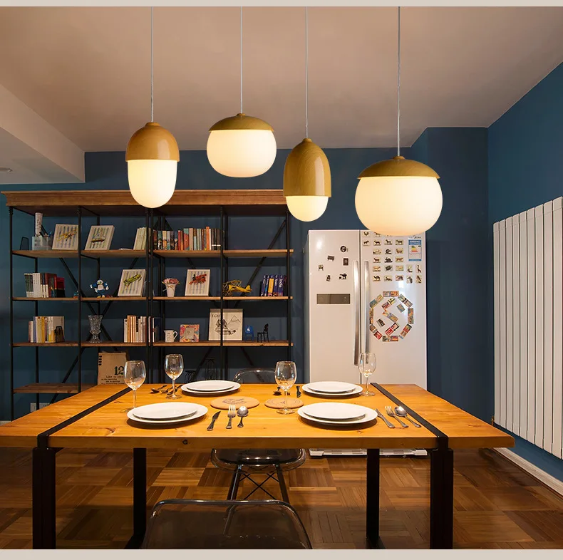 Modern nordic oak glass pendant lights loft decoration indoor kitchen island hanging light fixture dinging room E27 | Освещение
