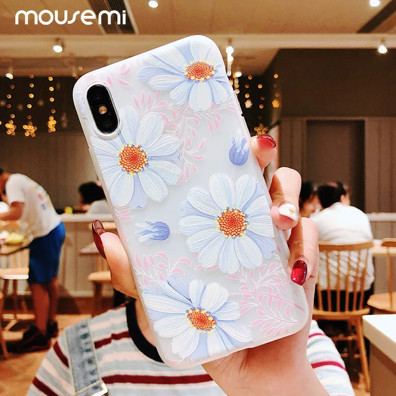 MOUSEMI 3D Relief Phone Case For iPhone 6 6S 7 8 Plus X 5 Floral Silicon Soft Capa XS MAX XR 5S SE Flower |
