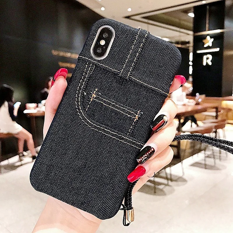 Тканевый чехол для телефона для iPhone 7, чехол 6, 8 Plus, X, XS, Max, XR, держатель для карт, карман, кошелек с ремешком, джинсы, мягкий ТПУ, джинсовая ткань, чехол