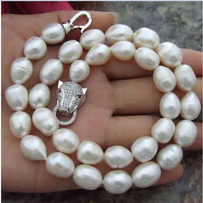 

new huge 18" 9-10MM SOUTH SEA NATURAL White PEARL NECKLACE Leopard head CLASP