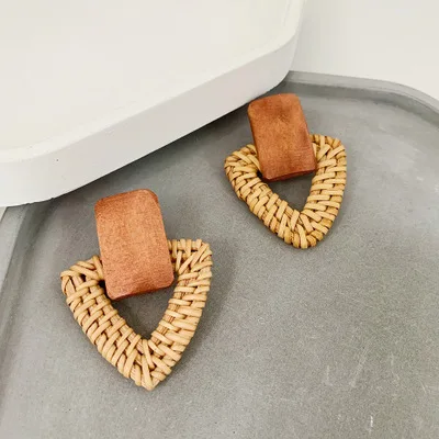 C Новые корейские бамбуковые деревянные соломенное плетение, Ротанговые вязаные лозы геометрические круглые треугольные длинные висячие серьги для женщин девушек пляжные ювелирные изделия - Окраска металла: C