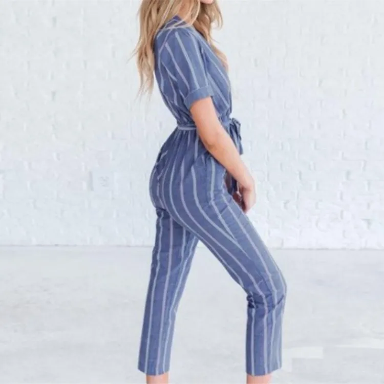 Женский Повседневный комбинезон с поясом в полоску треугольным вырезом большие