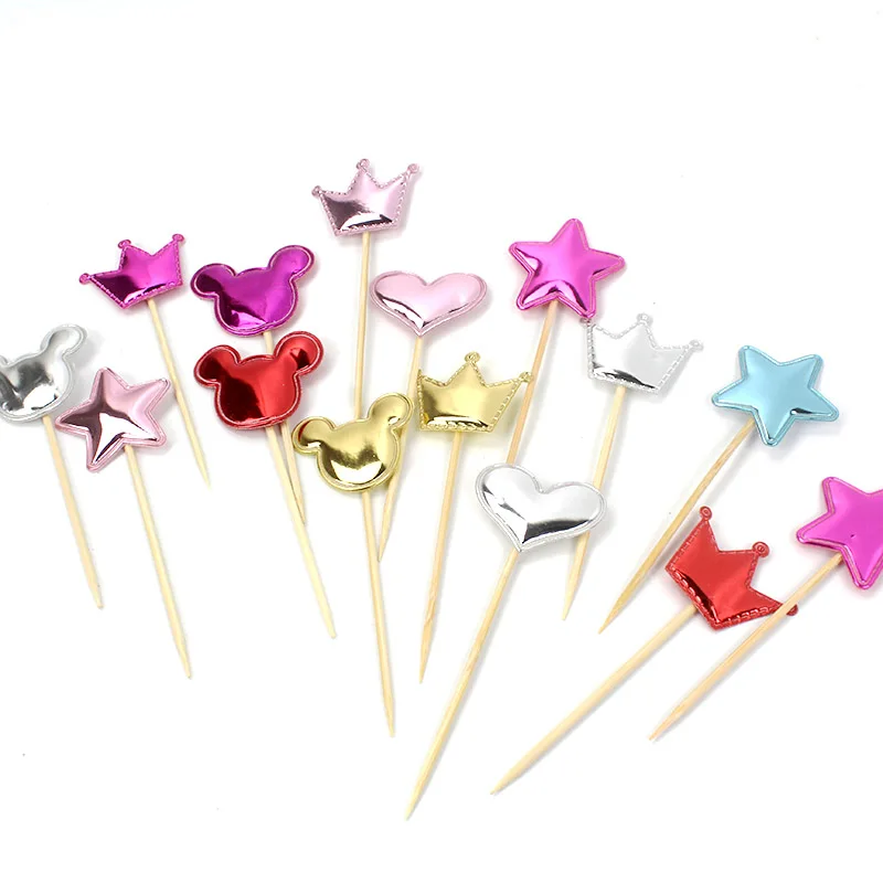 

100pcs/lo cupcake toppers mickey/minnie birthday party decorations kids girl heart/star/crown topper cake baby shower supplies