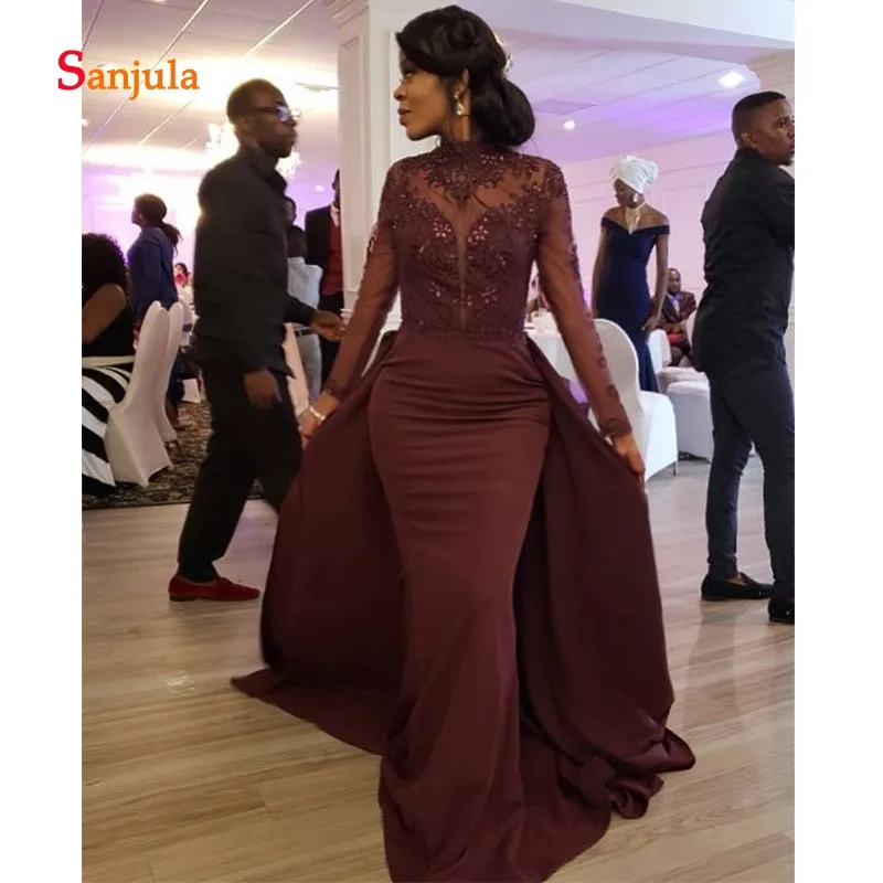 High Neck Mermaid Evening Dresses Burgundy Jersey African Formal with Sleeve Appliques Beaded Back Train caftan D669 | Свадьбы и