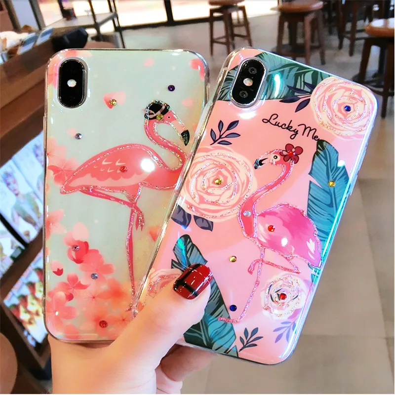 IMIDO Glitter Flamingo Phone case For iPhone 6 7 Plus Leaves Flower Jewelled Epoxy Soft Silicone 8 X back cover |