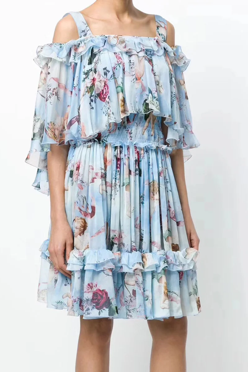 HAMALIEL Runway Cloak Ruffles Party Dress 2018 Summer Designer Blue Chiffon Printing Flowers Spaghetti Strap Cape Backless | Женская