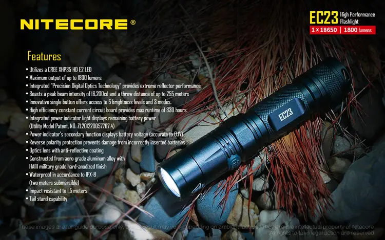 NITECORE EC23 перезаряжаемый IMR18650 аккумулятор 1800 люмен светодиодный фонарик водонепроницаемый уличный портативный фонарь