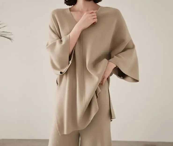 Knitting Sweater Pantsuit Two Piece Set Knitted Pullover office lady High Waist Wide Leg Pants Women's Suit | Женская одежда