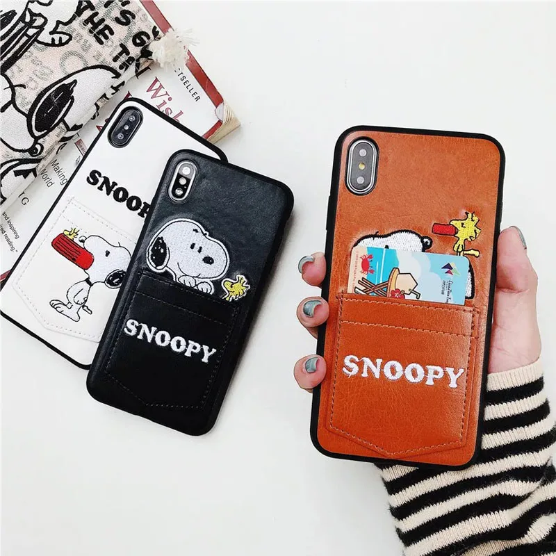New Cartoon cute Embroidery cartoon snoopy Card Pocket Phone Case For iPhone X 6 6s 7 8 Plus XR XS Max Leather Soft Cover Fundas |