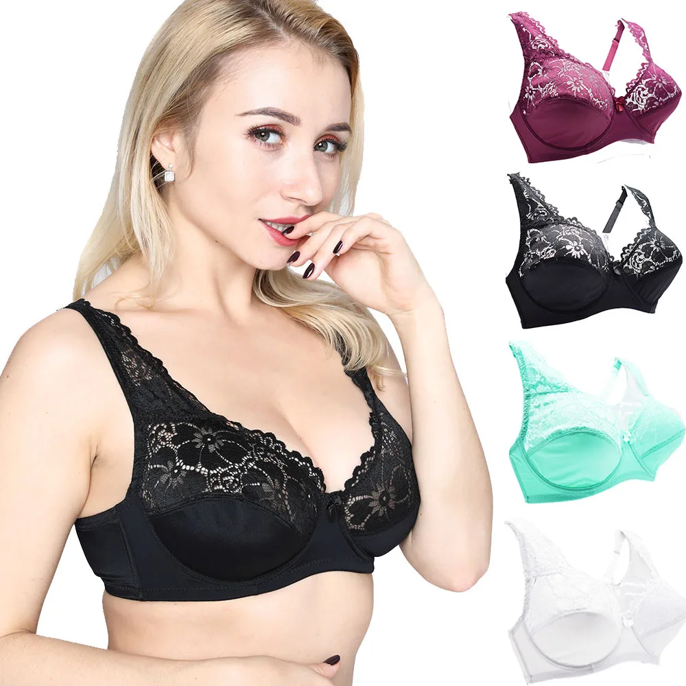

3 Pcs Colours Womens Large Bosom Lace Bra Adjusted-straps Underwired Sexy Lingerie Bralette Brassiere Size B C D DD E F Cup