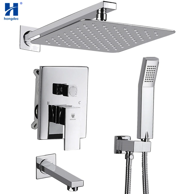 

Hongdec 10" Square Rain Shower Head Wall Mounted Shower system Mixer Combo Set with Tub Spout Chrome