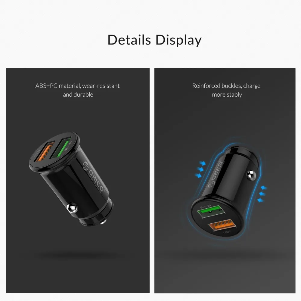 ORICO Mini QC3.0 USB Автомобильное зарядное устройство для мобильного телефона планшета gps 3A быстрое зарядное устройство автомобильное зарядное устройство двойной USB автомобильный адаптер зарядного устройства для телефона