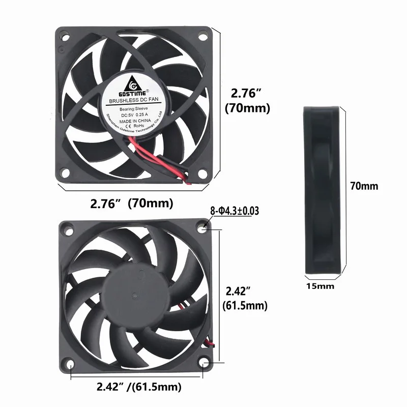 1 шт. Gdstime DC 5 в 7 см вентилятор охлаждения бесщеточного двигателя 70x70x15 мм 2 контакта