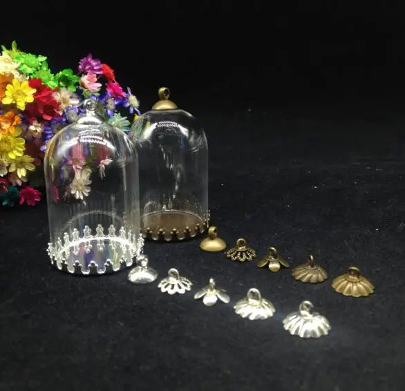 

5pcs 38*25mm mix color bell jars shape glass globe crown base cap set glass vial pendant handmade empty crystal necklace finding