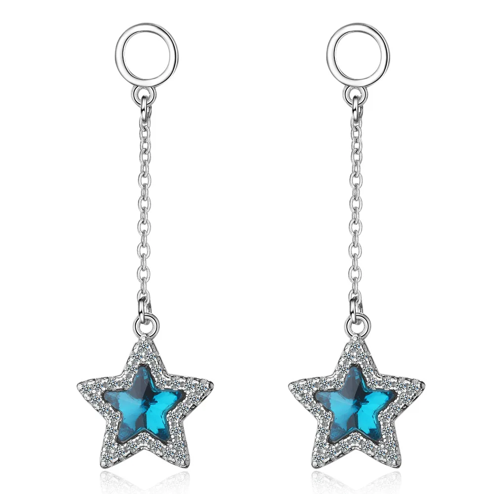 

New Arrival 925 Sterling Silver Fashion Earrings For Women Blue Crystal Zircon Star LongTassel Earrings Drop Shipping