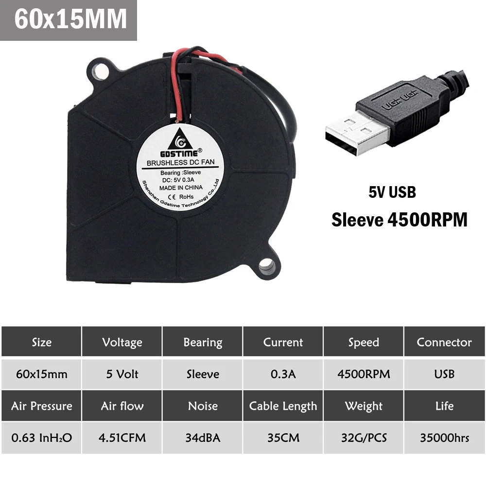 Gdstime 5V USB вентилятор 50 мм 60 75 75x30 DC бесщеточный двигатель центробежное охлаждение