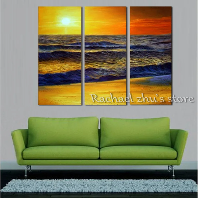 

Hand Painted Abstract Seascape Beach Oil Painting On Canvas Three Pieces Sunset Scenry Art Wall Pictures Living Room Home Decor