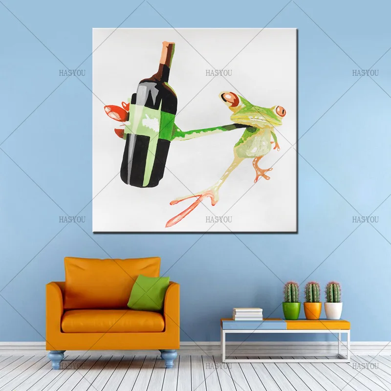 Newest Good Quality Handmade Modern Animal Oil Painting On Canvas Funny Frog With Wine Picture For Home Decor | Дом и сад