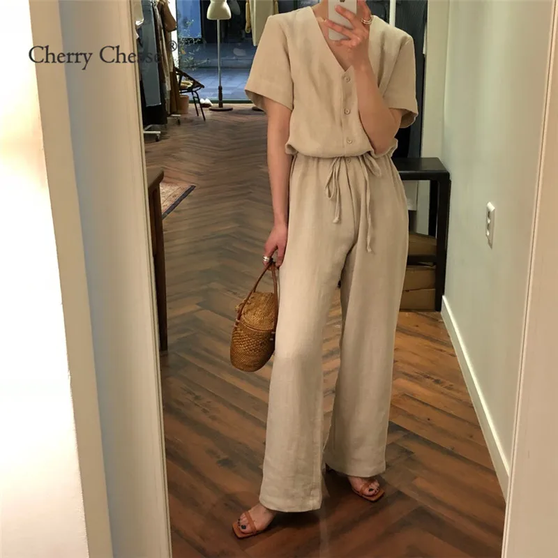 Cherry Chesse Твердые Кнопка Для женщин летние комбинезоны Drawstring V шеи комбинезон